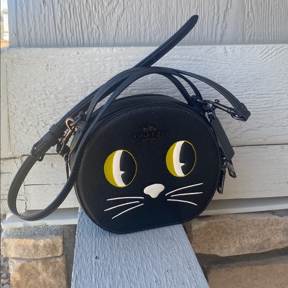 Coach Black Leather Cat Motif Round Crossbody with Yellow Eye Accents - Picture 4 of 11
